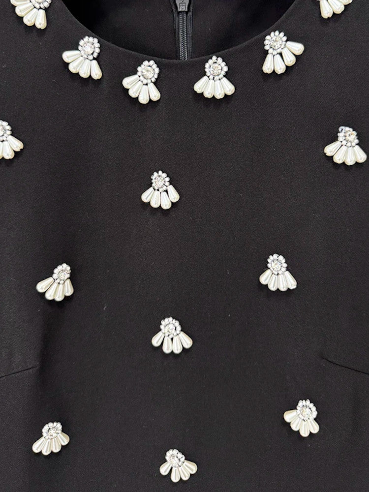 Crystal Pearl Embellished Midi Dress Black