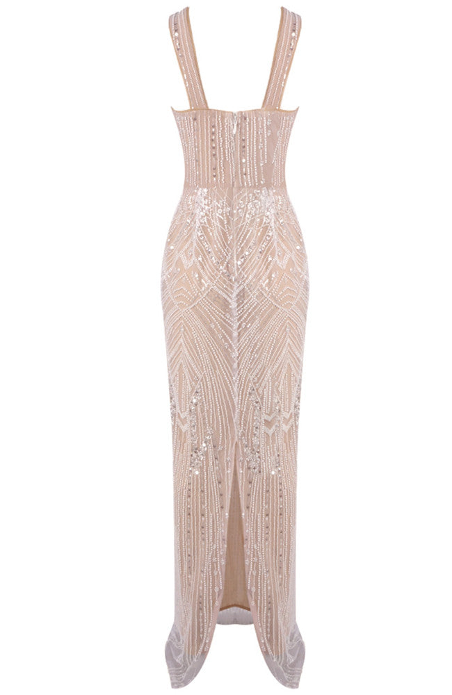 Crystal Pearl Sequin Maxi Dress Nude