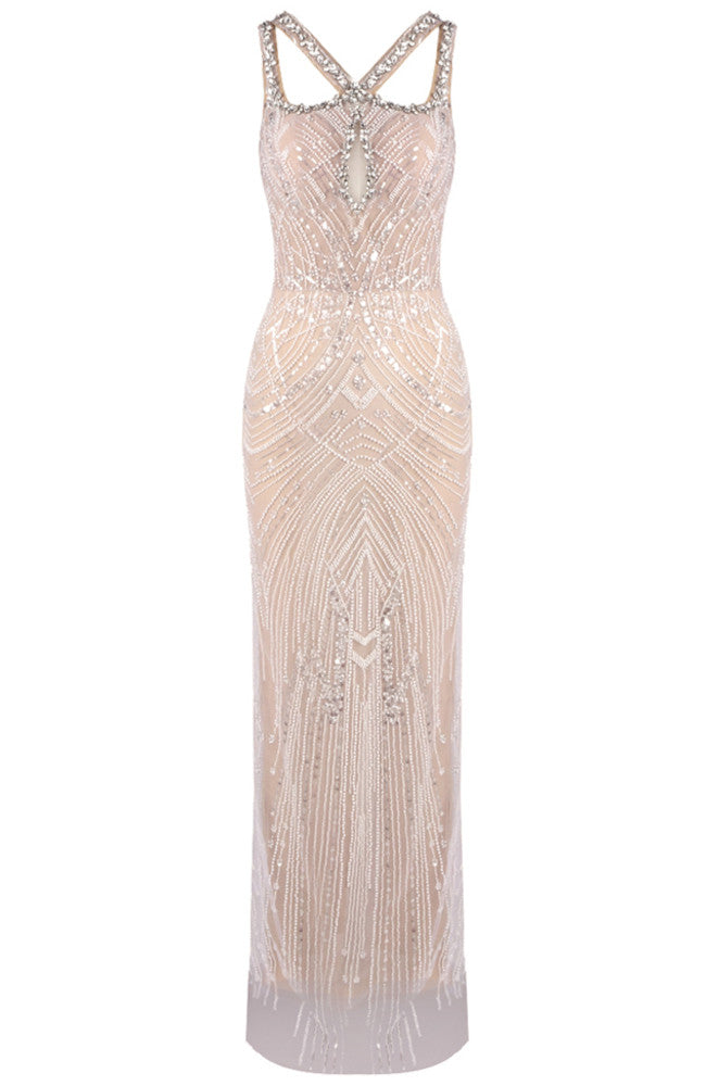 Crystal Pearl Sequin Maxi Dress Nude