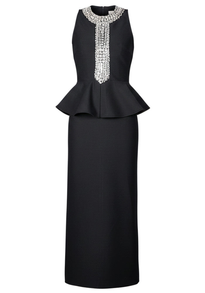 Crystal Embellished Peplum Maxi Dress Black