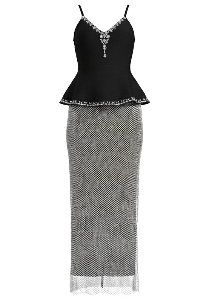 Crystal Peplum Maxi Dress Black Silver