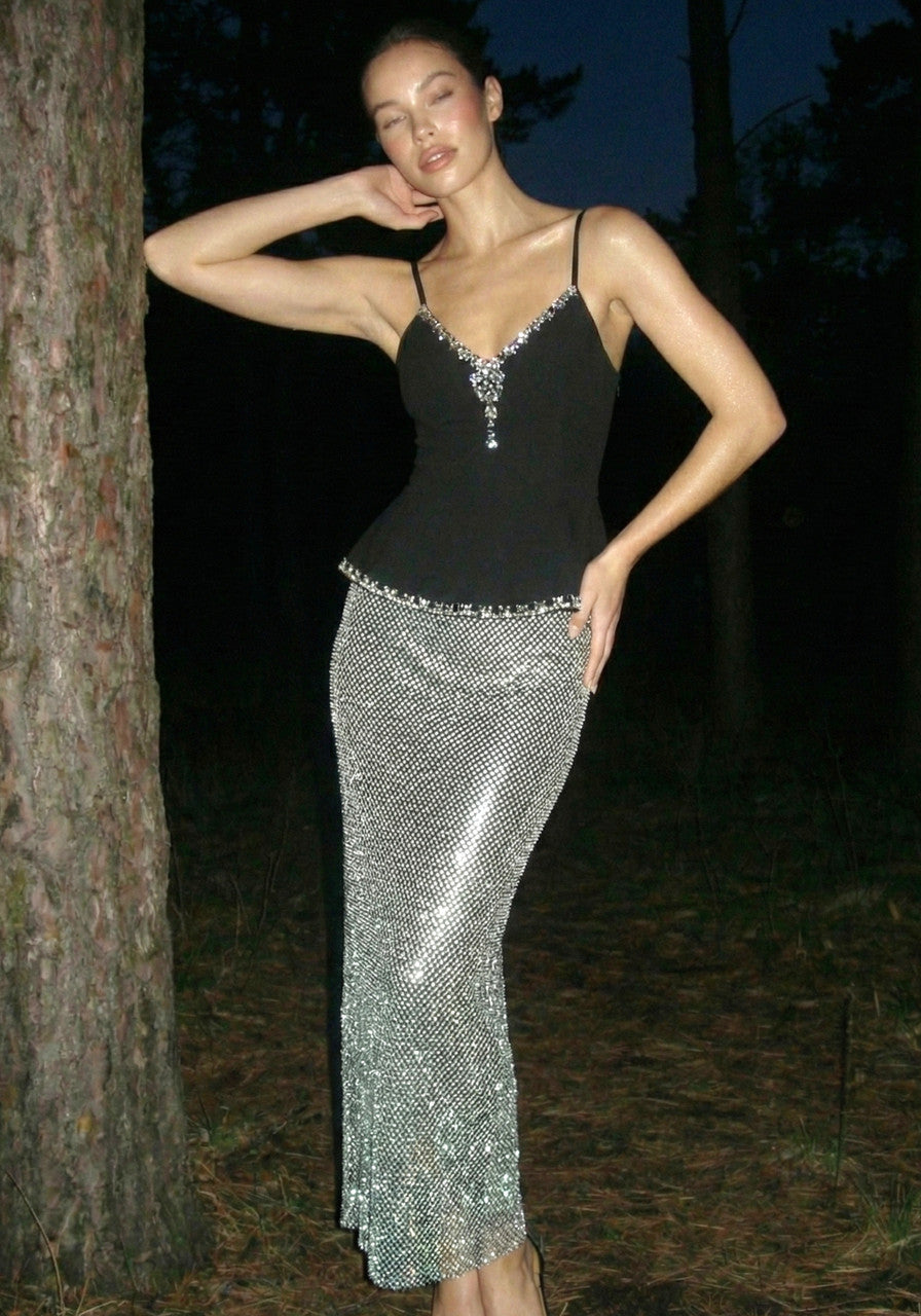 Crystal Peplum Maxi Dress Black Silver