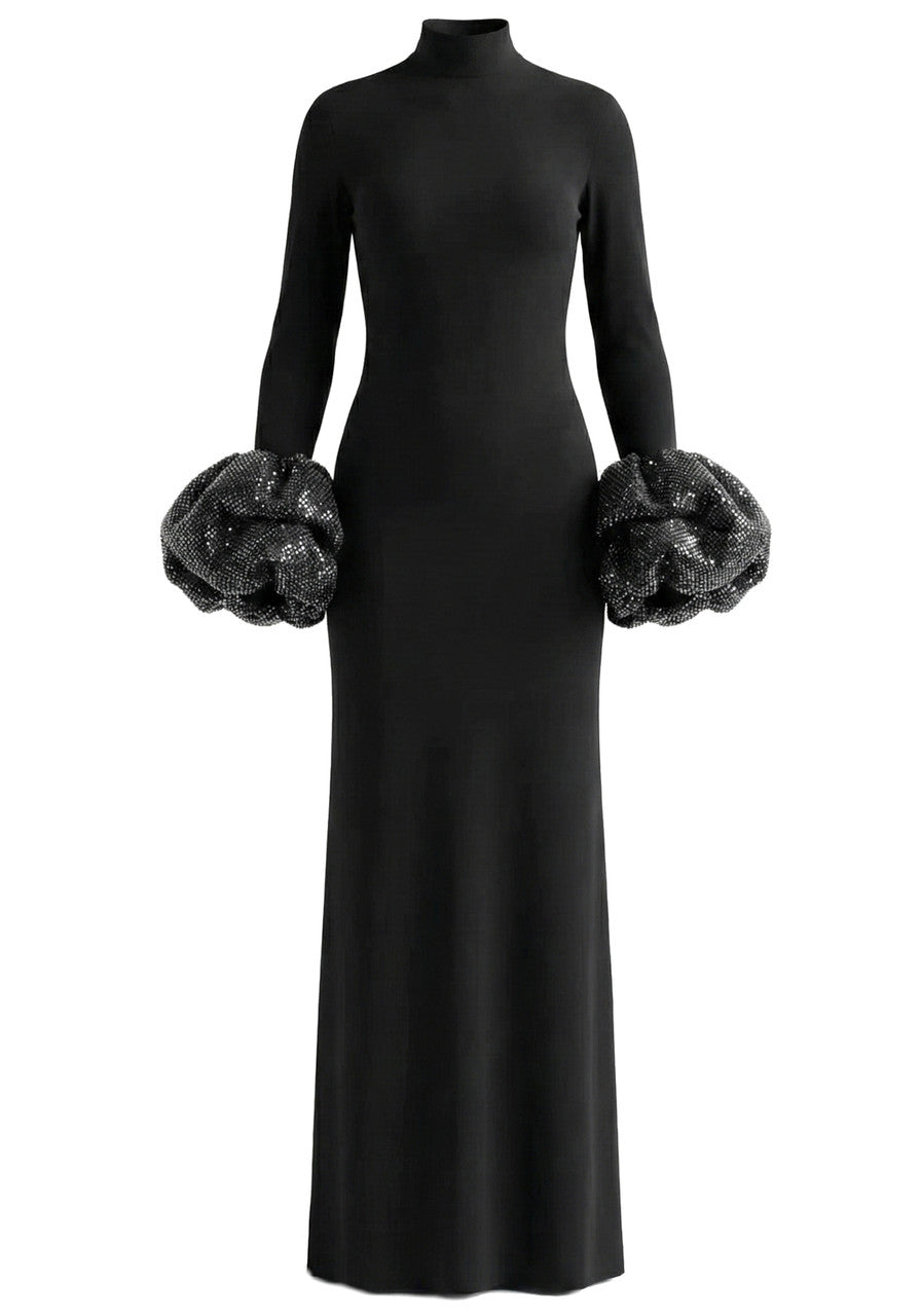 Crystal Bubble Long Sleeve Maxi Dress Black