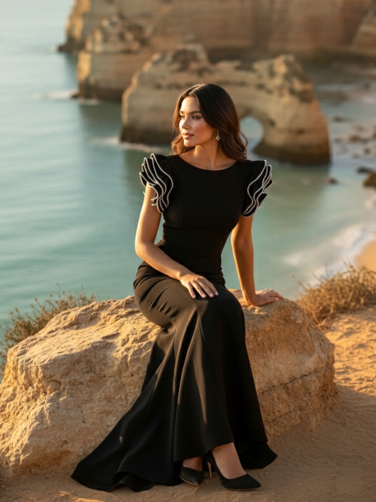 Crystal Ruffle Backless Maxi Dress Black
