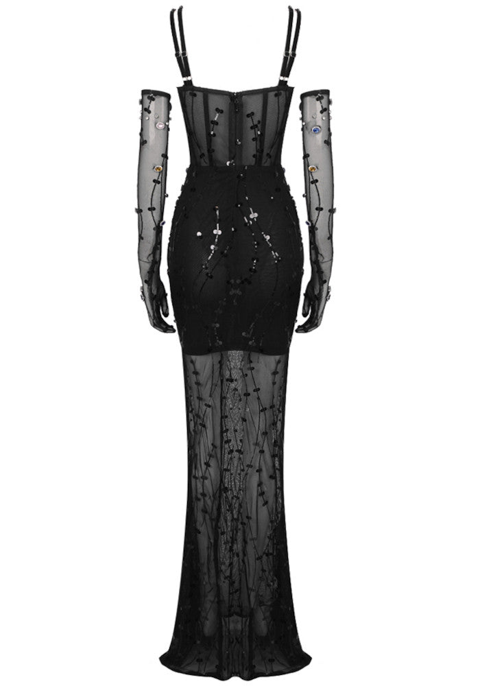 Crystal Sequin Bustier Maxi Dress Black
