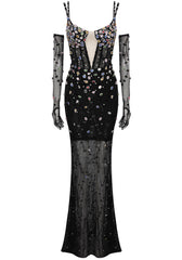Crystal Sequin Bustier Maxi Dress Black