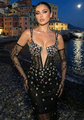 Crystal Sequin Bustier Maxi Dress Black