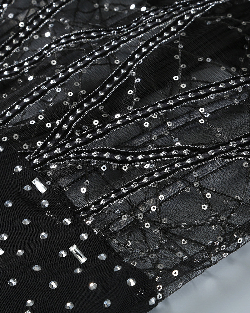 Crystal Sequin Bustier Two Piece Set Black