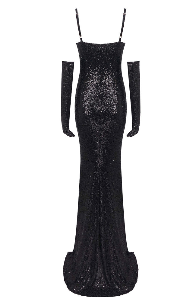 Crystal Bustier Sequin Maxi Dress Black
