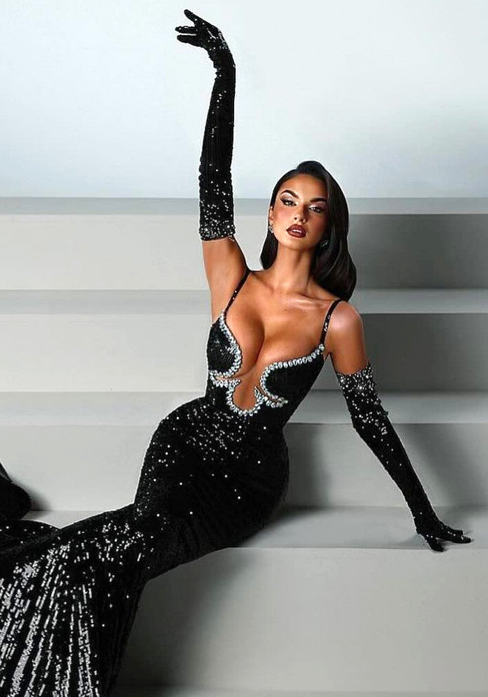 Crystal Bustier Sequin Maxi Dress Black