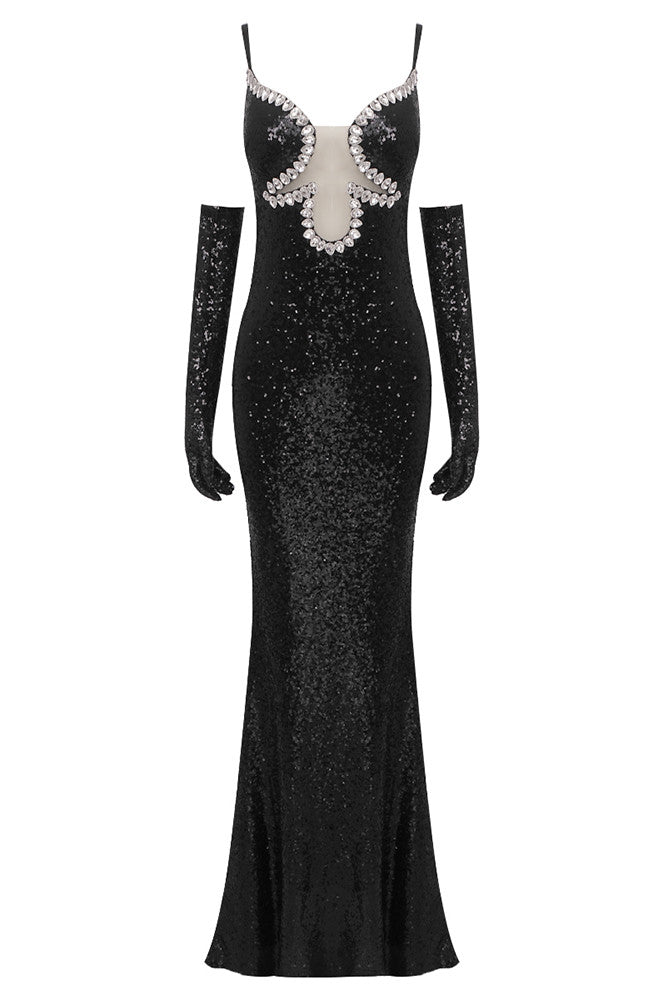 Crystal Bustier Sequin Maxi Dress Black