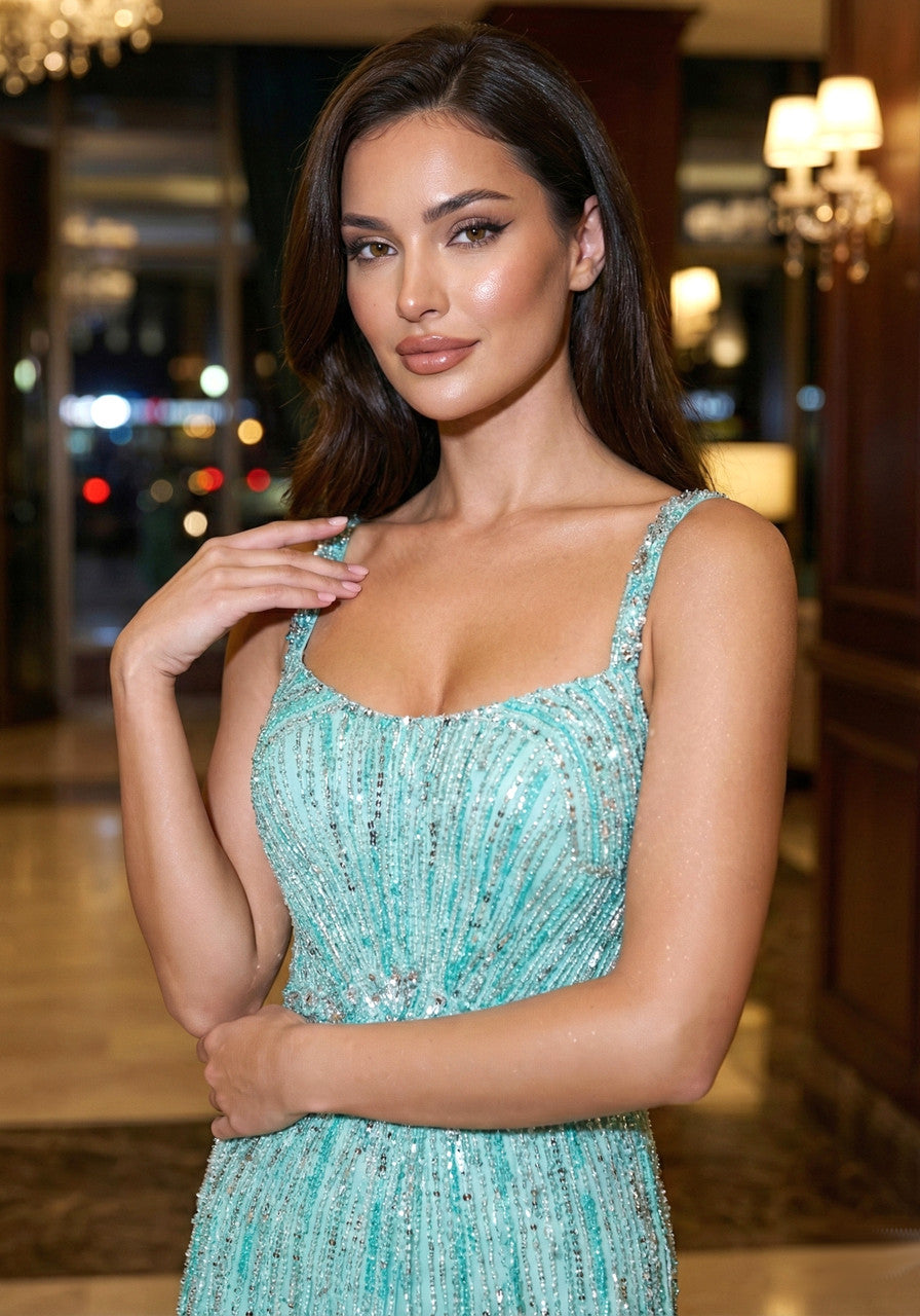Crystal Floral Strap Sequin Maxi Dress Green