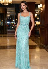 Crystal Floral Strap Sequin Maxi Dress Green