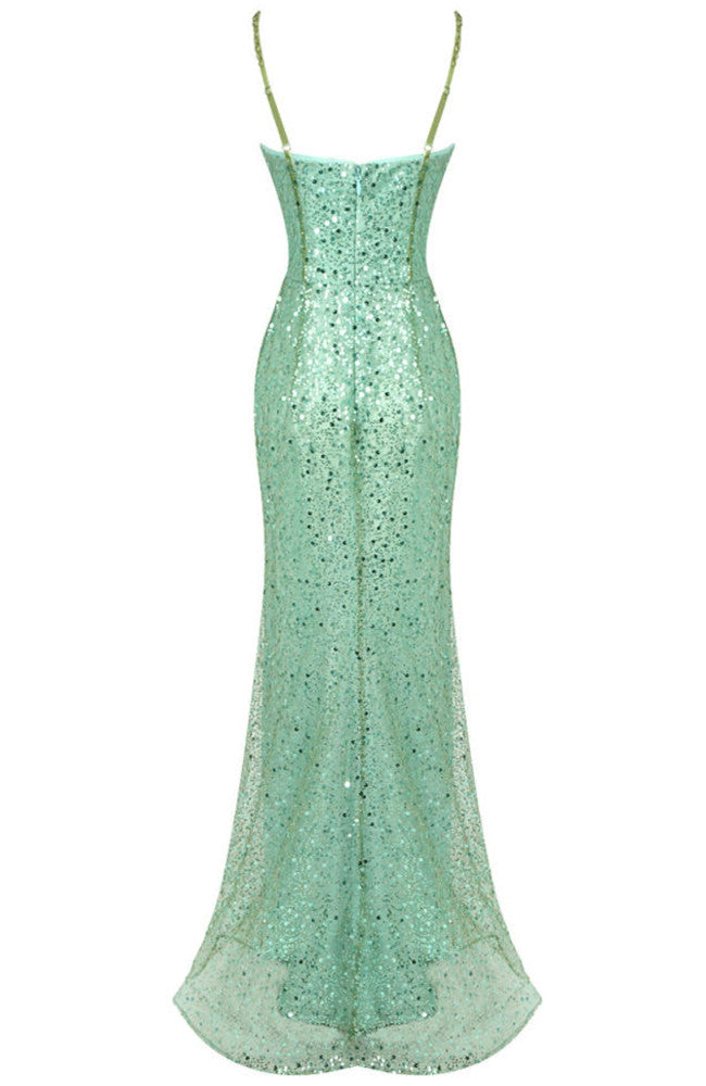 Sequin Crystal Bustier Maxi Dress Green