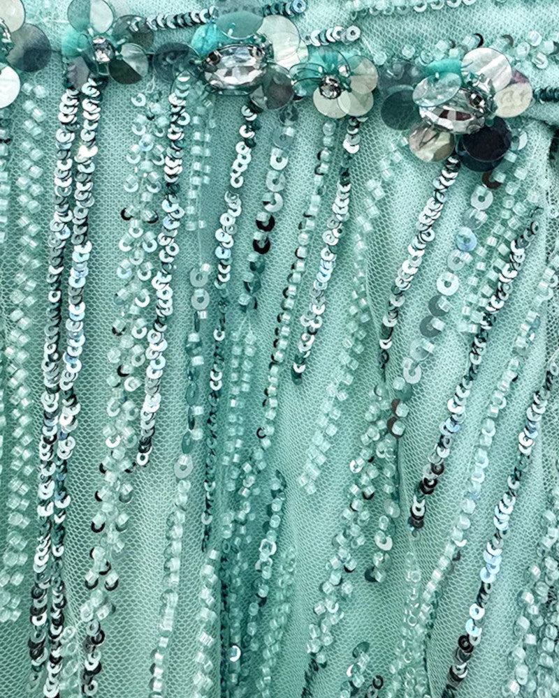 Crystal Floral Strap Sequin Maxi Dress Green