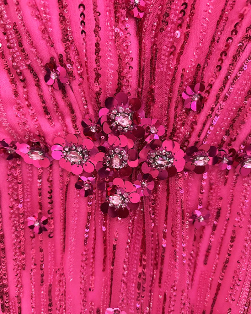 Crystal Floral Strap Sequin Maxi Dress Hot Pink