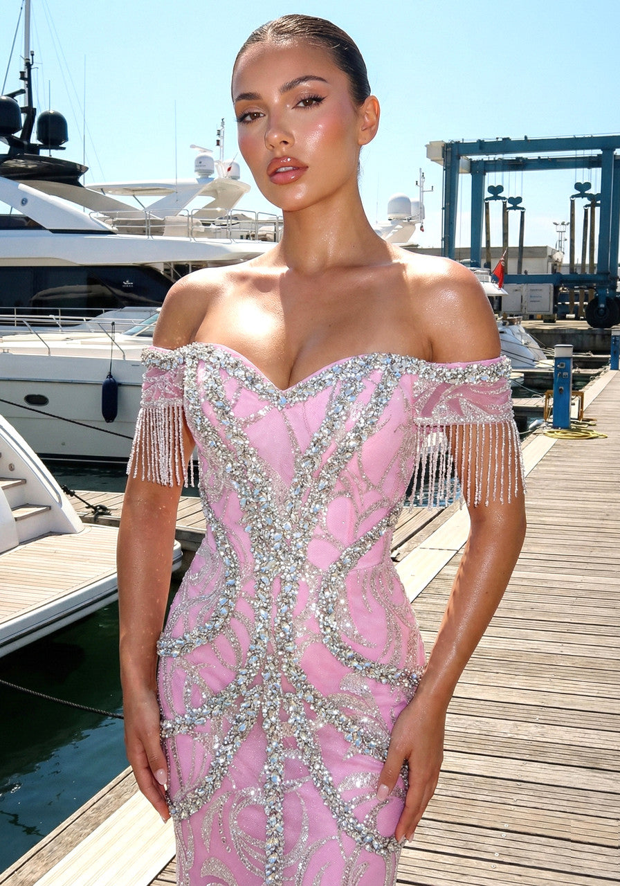 Bardot Crystal Tassel Maxi Dress Pink