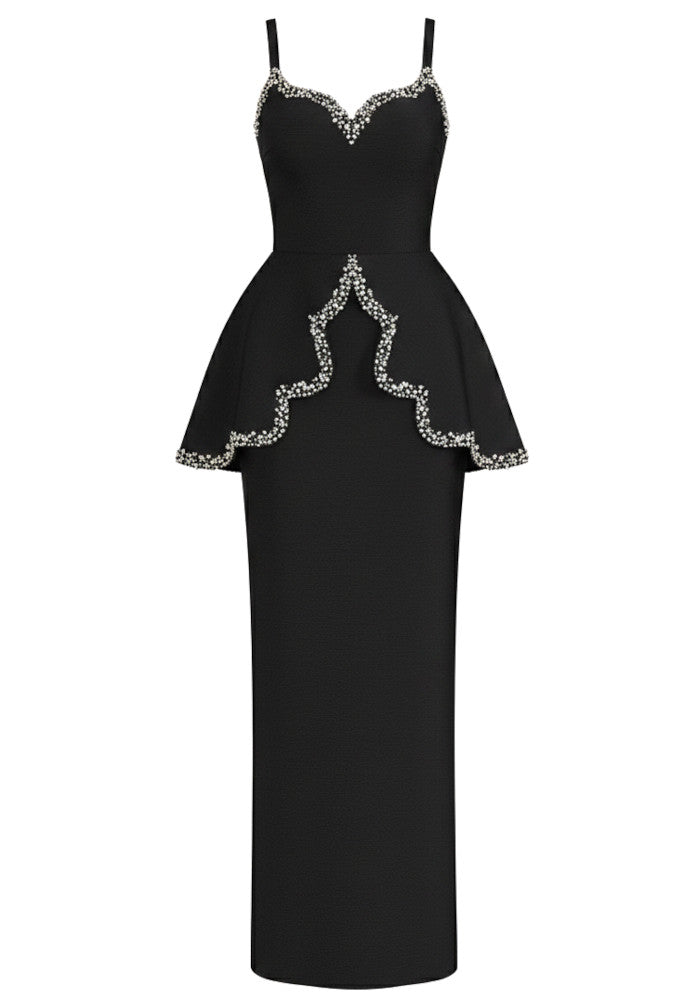 Crystal Trim Peplum Maxi Dress Black