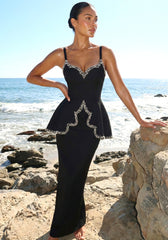 Crystal Trim Peplum Maxi Dress Black