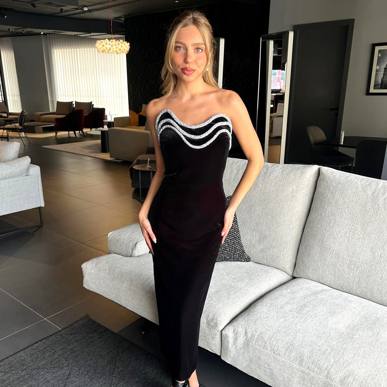 Strapless Crystal Trim Midi Dress Black