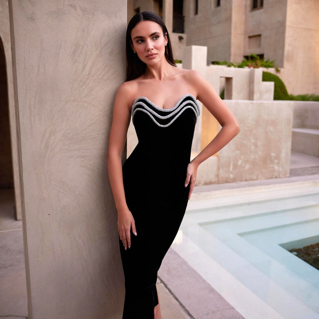 Strapless Crystal Trim Midi Dress Black