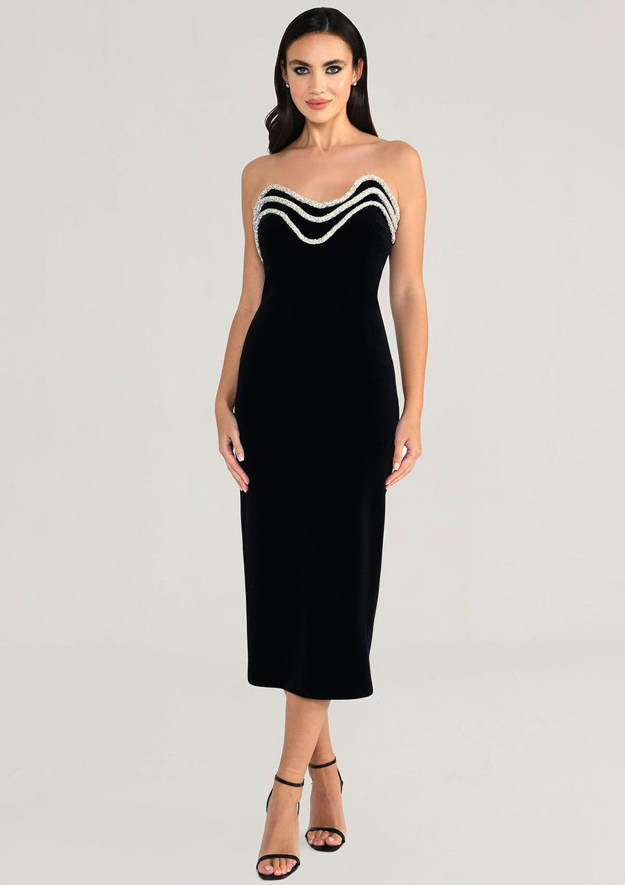 Strapless Crystal Trim Midi Dress Black