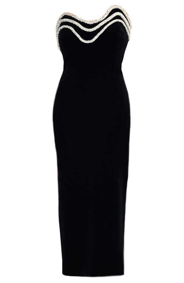 Strapless Crystal Trim Midi Dress Black