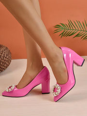 Pearl Crystals Buckle Patent Leather Pumps Officile Pointed Toe Square Heel Shoes