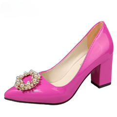 Pearl Crystals Buckle Patent Leather Pumps Officile Pointed Toe Square Heel Shoes