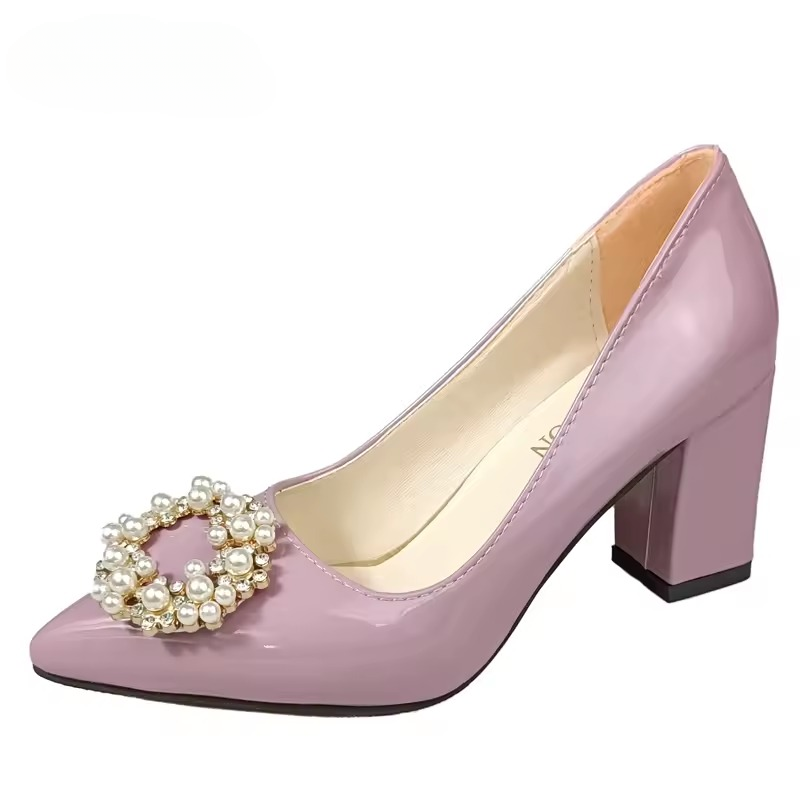 Pearl Crystals Buckle Patent Leather Pumps Officile Pointed Toe Square Heel Shoes