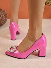 Pearl Crystals Buckle Patent Leather Pumps Officile Pointed Toe Square Heel Shoes