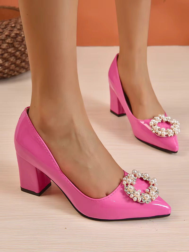 Pearl Crystals Buckle Patent Leather Pumps Officile Pointed Toe Square Heel Shoes