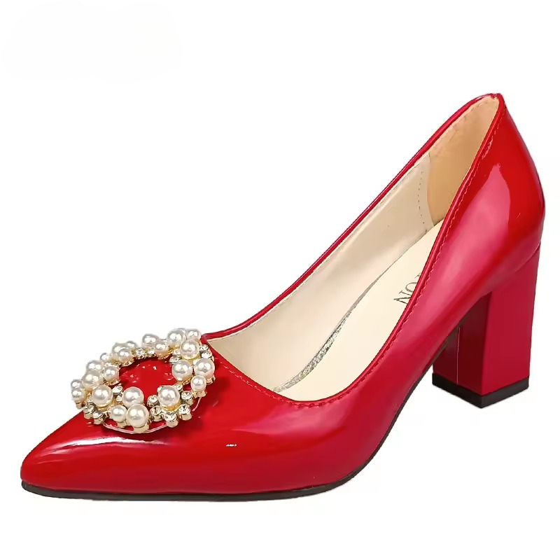 Pearl Crystals Buckle Patent Leather Pumps Officile Pointed Toe Square Heel Shoes