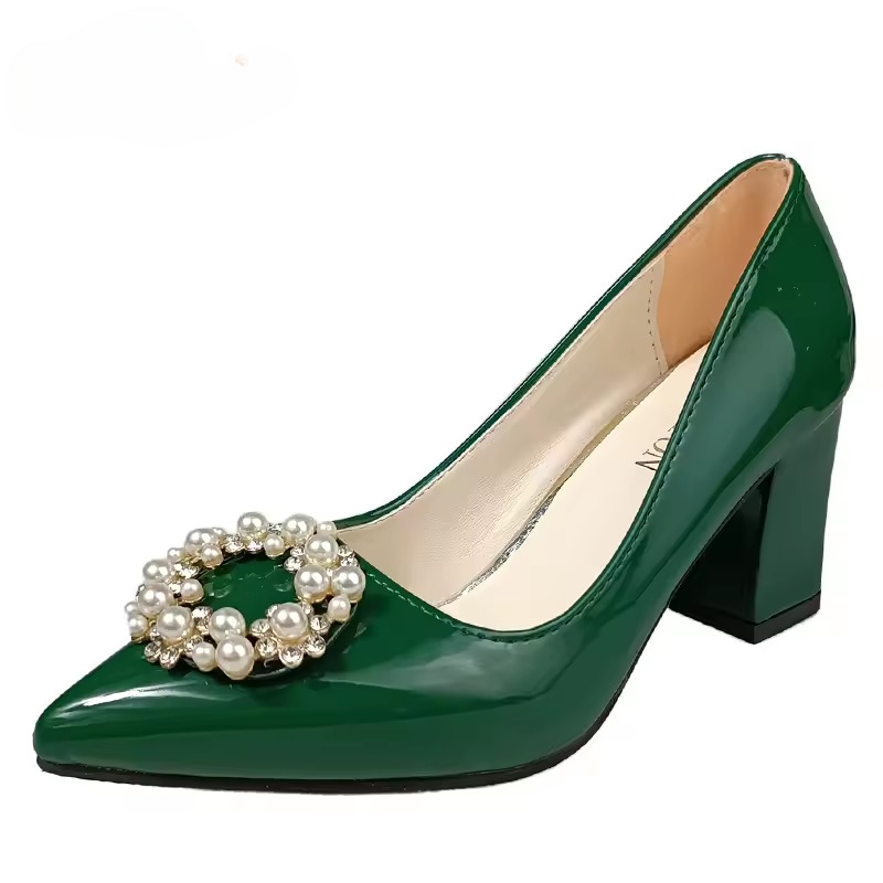 Pearl Crystals Buckle Patent Leather Pumps Officile Pointed Toe Square Heel Shoes