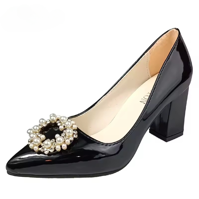 Pearl Crystals Buckle Patent Leather Pumps Officile Pointed Toe Square Heel Shoes