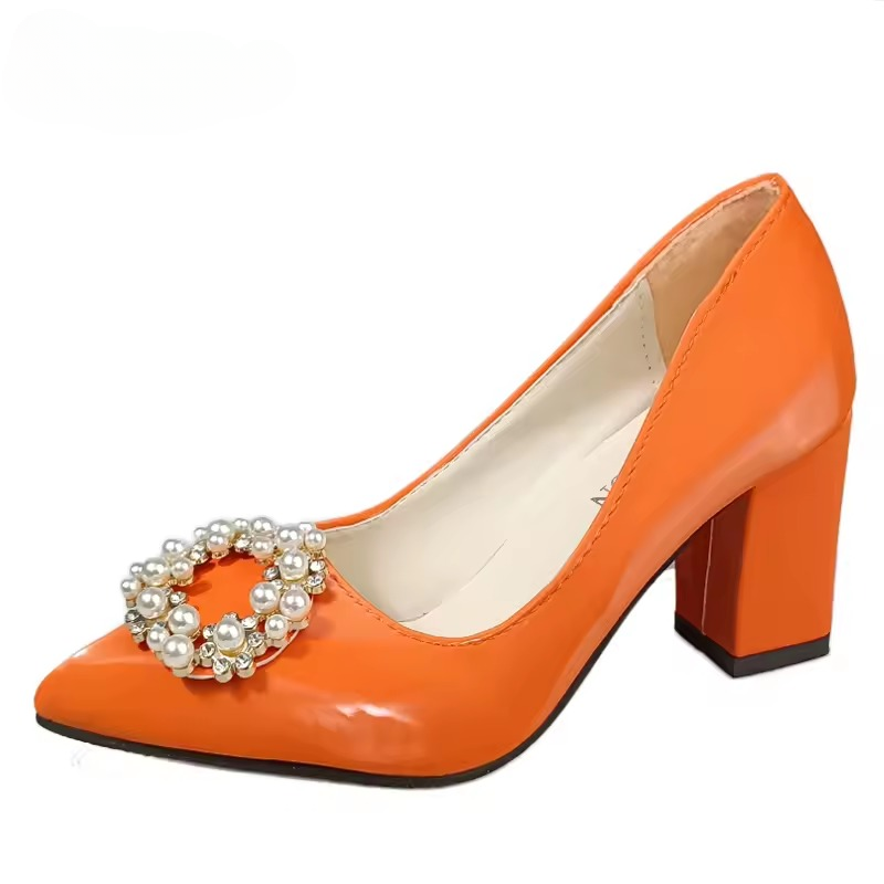 Pearl Crystals Buckle Patent Leather Pumps Officile Pointed Toe Square Heel Shoes