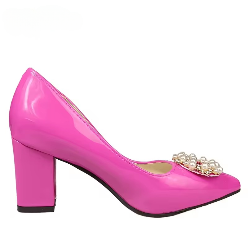 Pearl Crystals Buckle Patent Leather Pumps Officile Pointed Toe Square Heel Shoes