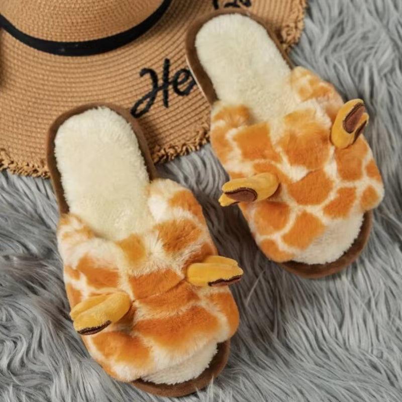 Cute Cartoon Giraffes Warm Faux Fur Lining Fluffy Flat Home Plush Slippers