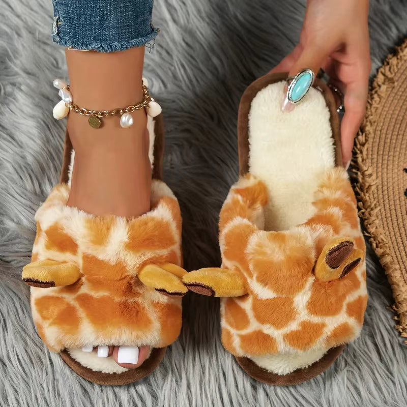 Cute Cartoon Giraffes Warm Faux Fur Lining Fluffy Flat Home Plush Slippers