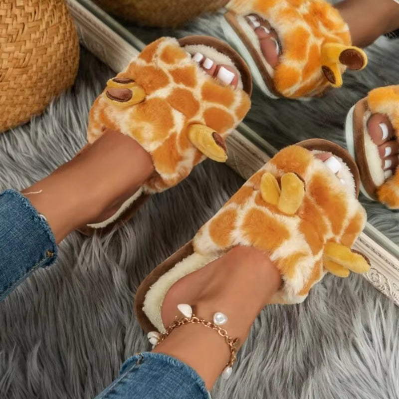 Cute Cartoon Giraffes Warm Faux Fur Lining Fluffy Flat Home Plush Slippers