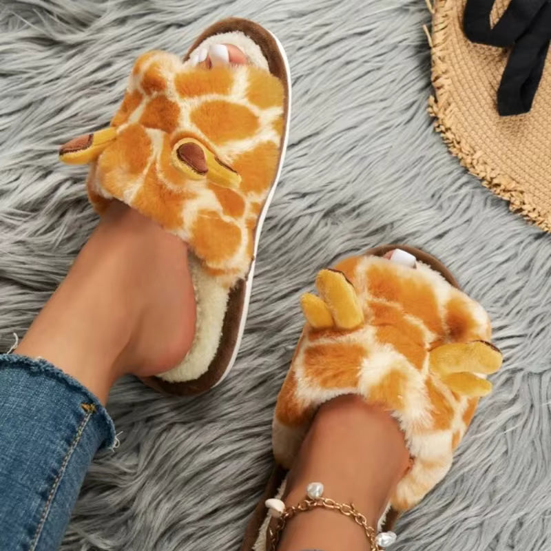 Cute Cartoon Giraffes Warm Faux Fur Lining Fluffy Flat Home Plush Slippers