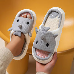 Cute Cartoon Shark Linen Thick Bottom Home Slippers