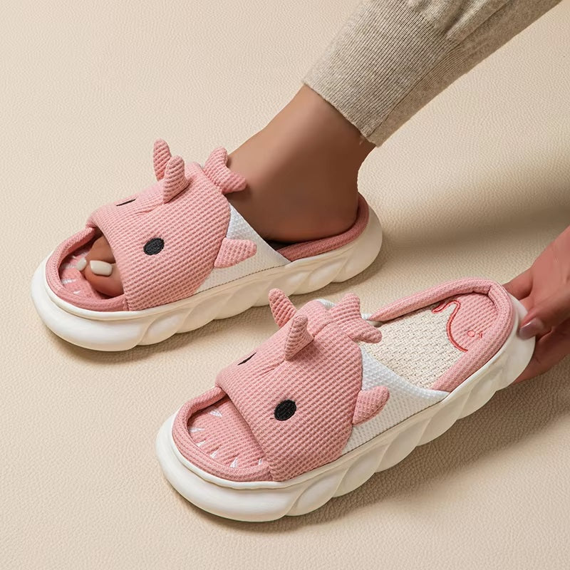 Cute Cartoon Shark Linen Thick Bottom Home Slippers