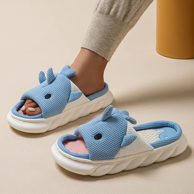 Cute Cartoon Shark Linen Thick Bottom Home Slippers