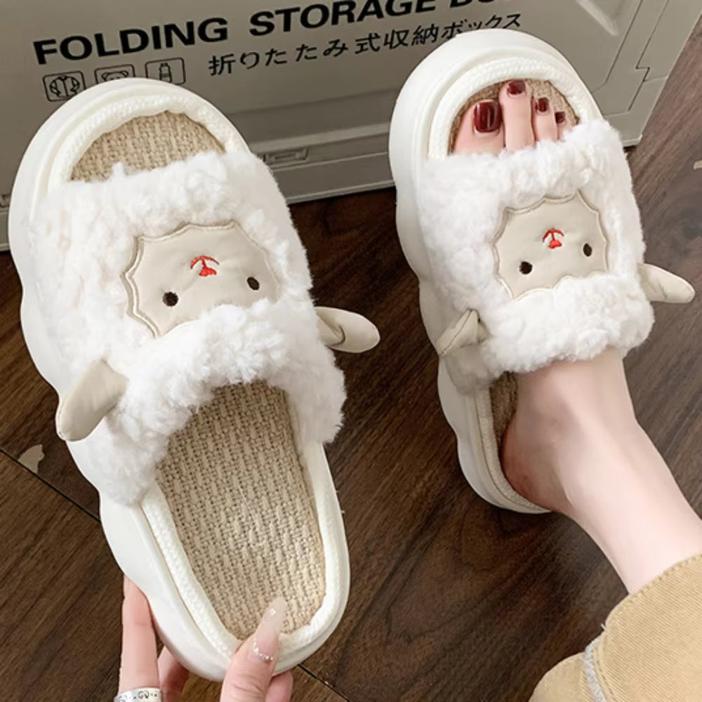 Casual Couple Style Pattern Design Non-slip Linen Cute Home Slippers