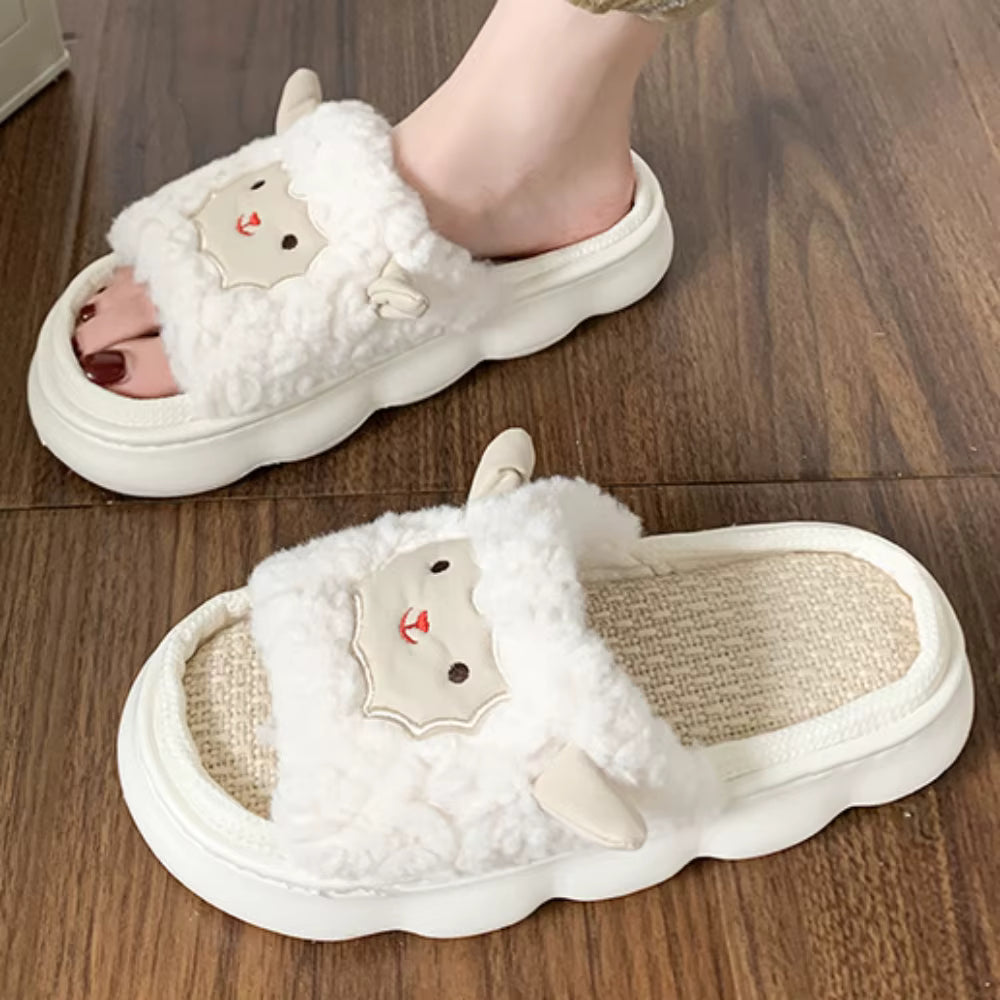 Casual Couple Style Pattern Design Non-slip Linen Cute Home Slippers
