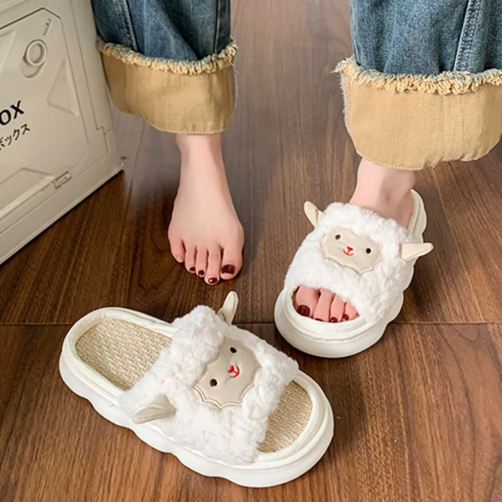 Casual Couple Style Pattern Design Non-slip Linen Cute Home Slippers