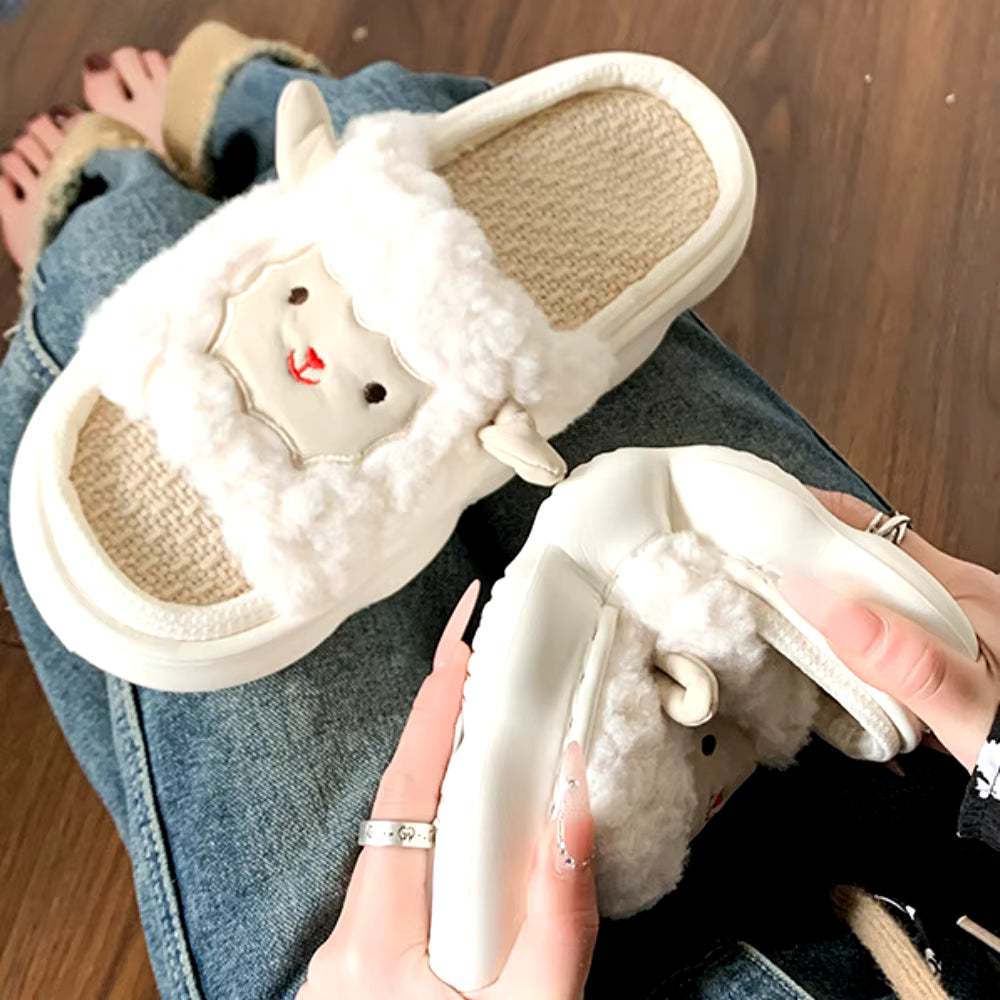 Casual Couple Style Pattern Design Non-slip Linen Cute Home Slippers