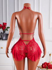 Deep V Lingerie Backless Crotchless Teddy Bodysuits Lace Transparent Babydolls Nightwear Erotic Costume One-piece
