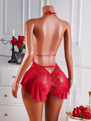Deep V Lingerie Backless Crotchless Teddy Bodysuits Lace Transparent Babydolls Nightwear Erotic Costume One-piece